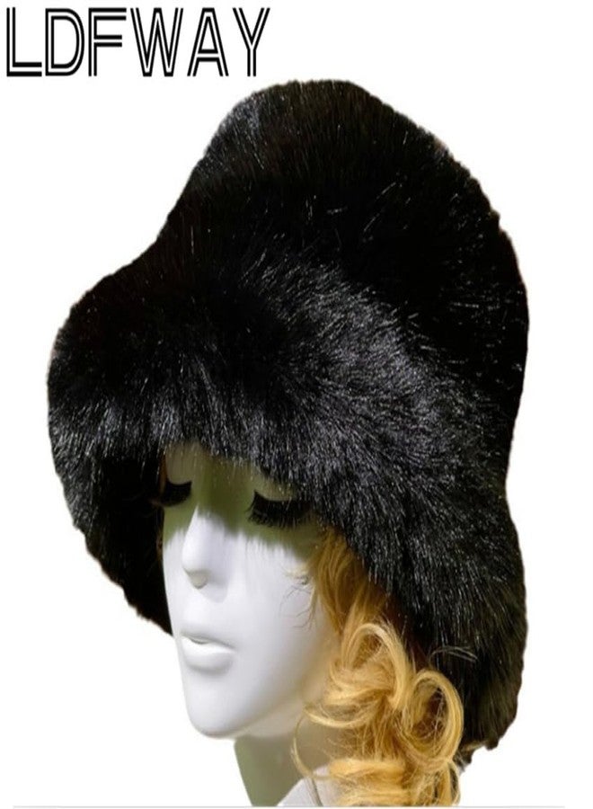 LDFWAY Winter Fluffy Faux Fur Plush Bucket Hat for Women Fuzzy Warm Fisherman Cap Outdoor Thick Winter Hat for Ladies (Black) - Image 2